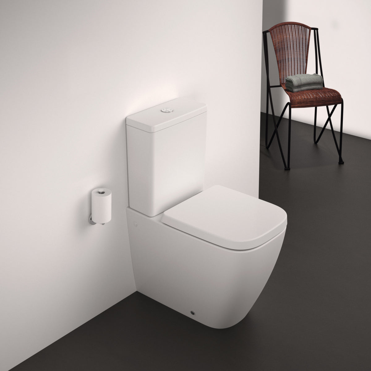 Стояща тоалетна чиния за WC комплект RimLS+, с плътно прилепване към стената - i.life S - комплект с казанче и седалка