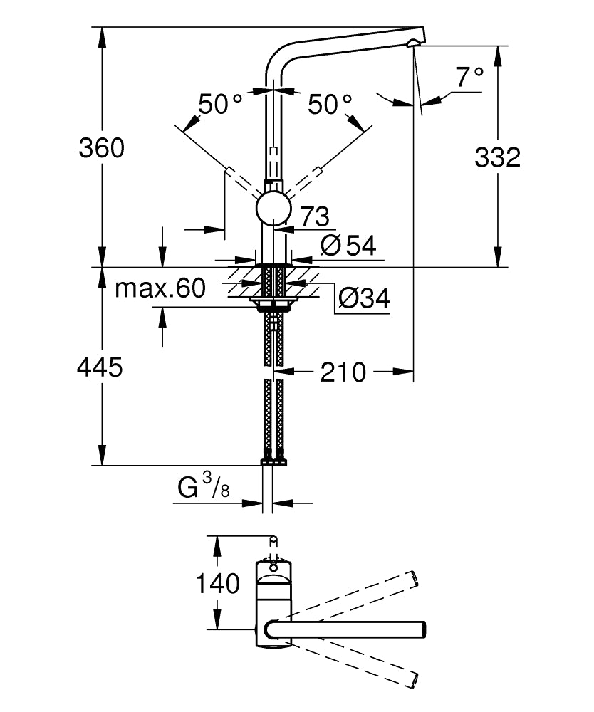 Кухненски смесител, L-чучур, завърта се на 0°, 150°, 360 - Minta - чертеж с размери