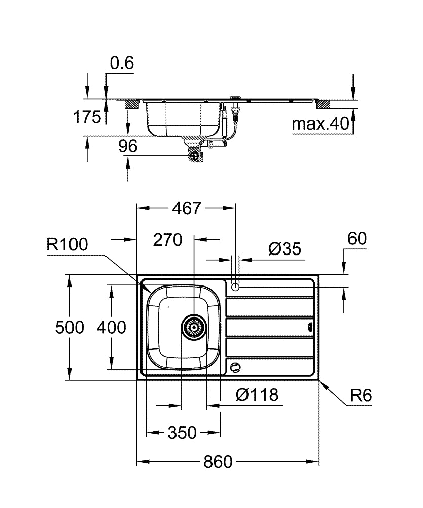Кухненска мивка със смесител 31 552 SD1, K200, неръждаема стомана, с плот за отцеждане, - комплект - чертеж с размери
