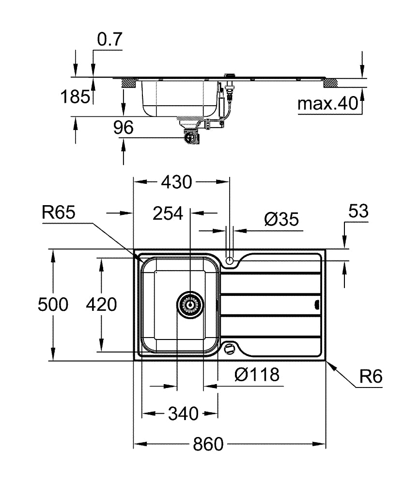 Кухненска мивка със смесител 31 571 SD1, K500, неръждаема стомана, с плот за отцеждане, - комплект - чертеж с размери