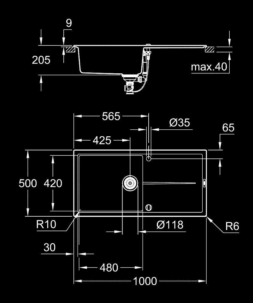 Композитна кухненска мивка, с 1 купа, плот за отцеждане, 100×50 см - K400 - чертеж с размери
