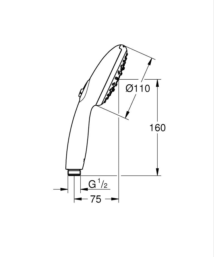Ръчен душ, GROHE Tempesta 110, 3 струи - Rain, Jet, Massage, 7,4 l/min - Tempesta 110 - чертеж с размери