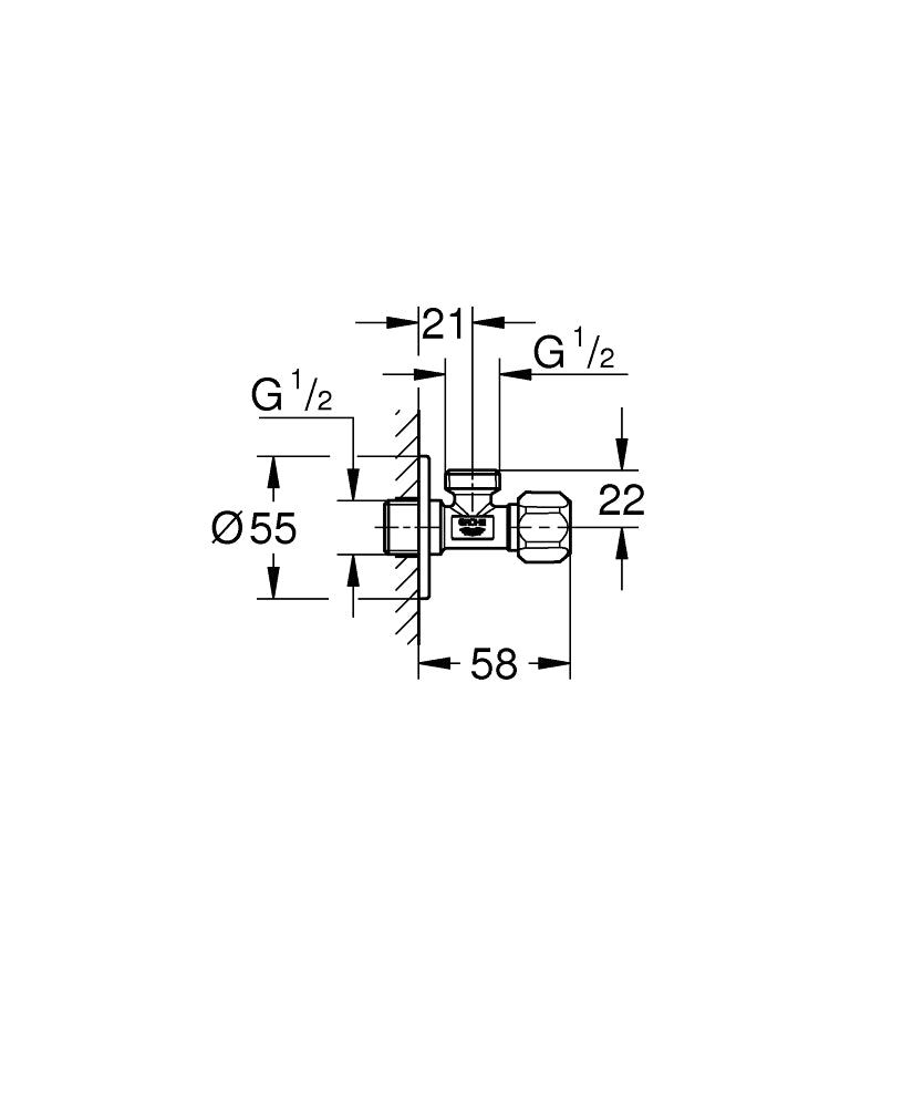 Ъглов вентил 1/2” x 1/2” (22 032 000) - чертеж с размери