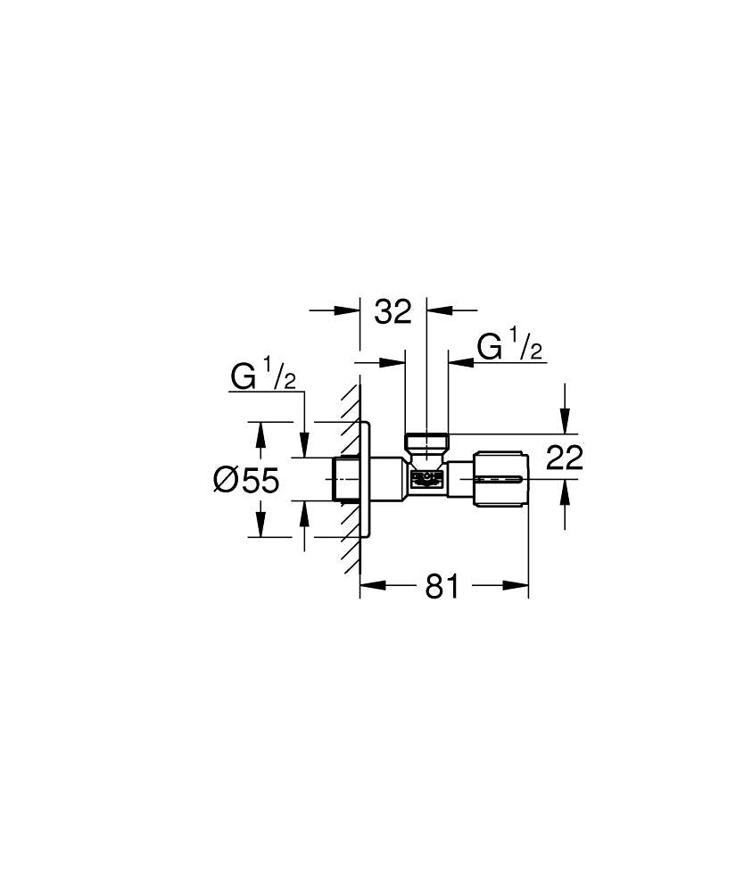 Ъглов вентил 1/2” x 1/2”, черен мат - чертеж с размери