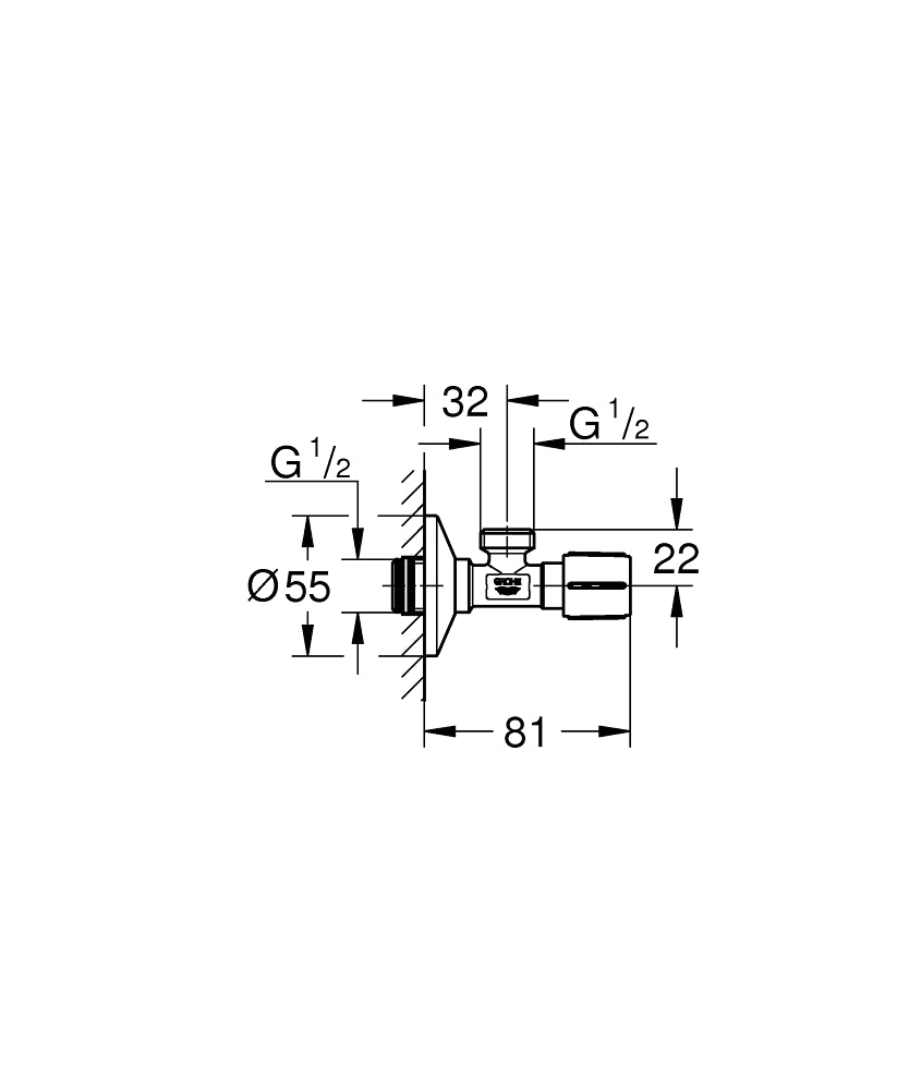 Ъглов вентил 1/2” x 1/2”, самозапечатваща резба, дълъг прът - GROHE - чертеж с размери