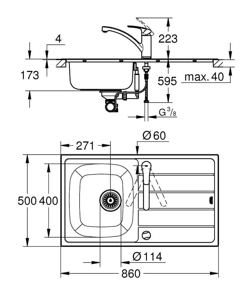 Кухненска мивка със смесител 31 563 SD1, K300, неръждаема стомана, с плот за отцеждане, - комплект - чертеж с размери