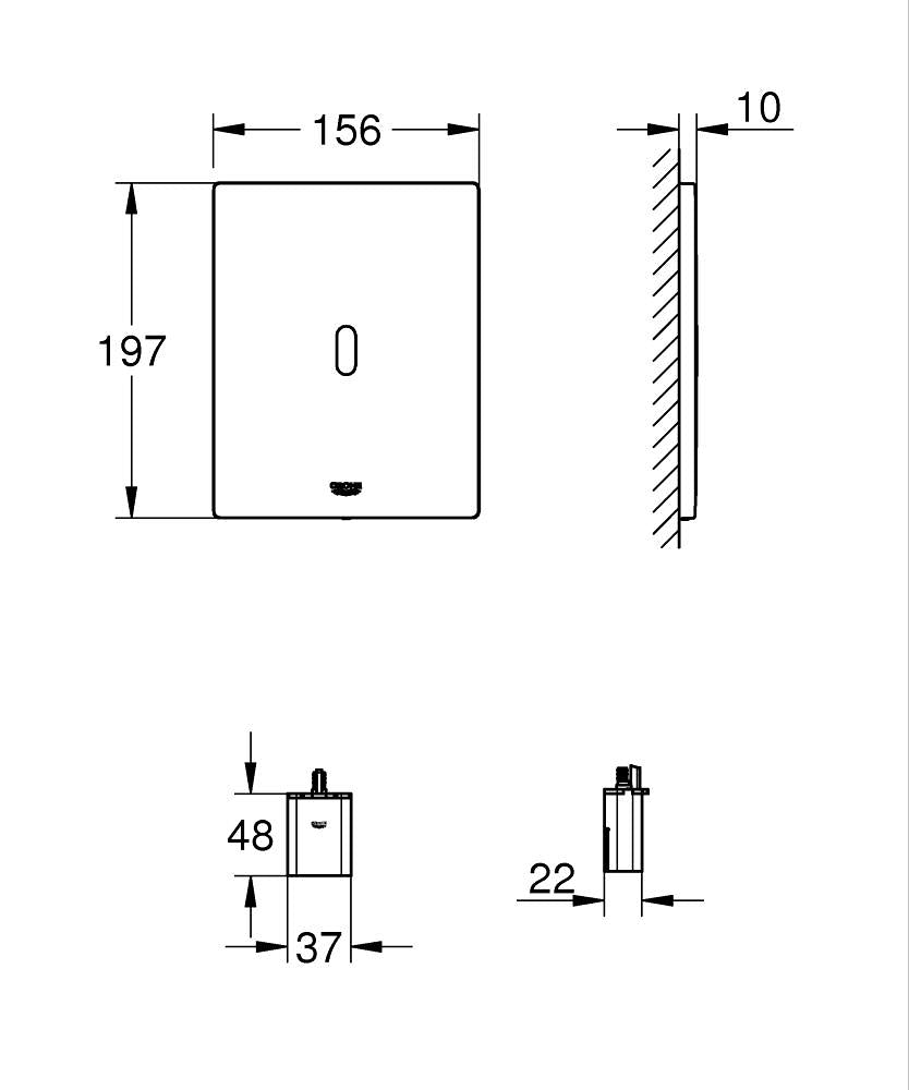 Инфрачервен бутон за WC, 156 x 197 мм, захранване на батерия 6V - Tectron Bau E - чертеж с размери