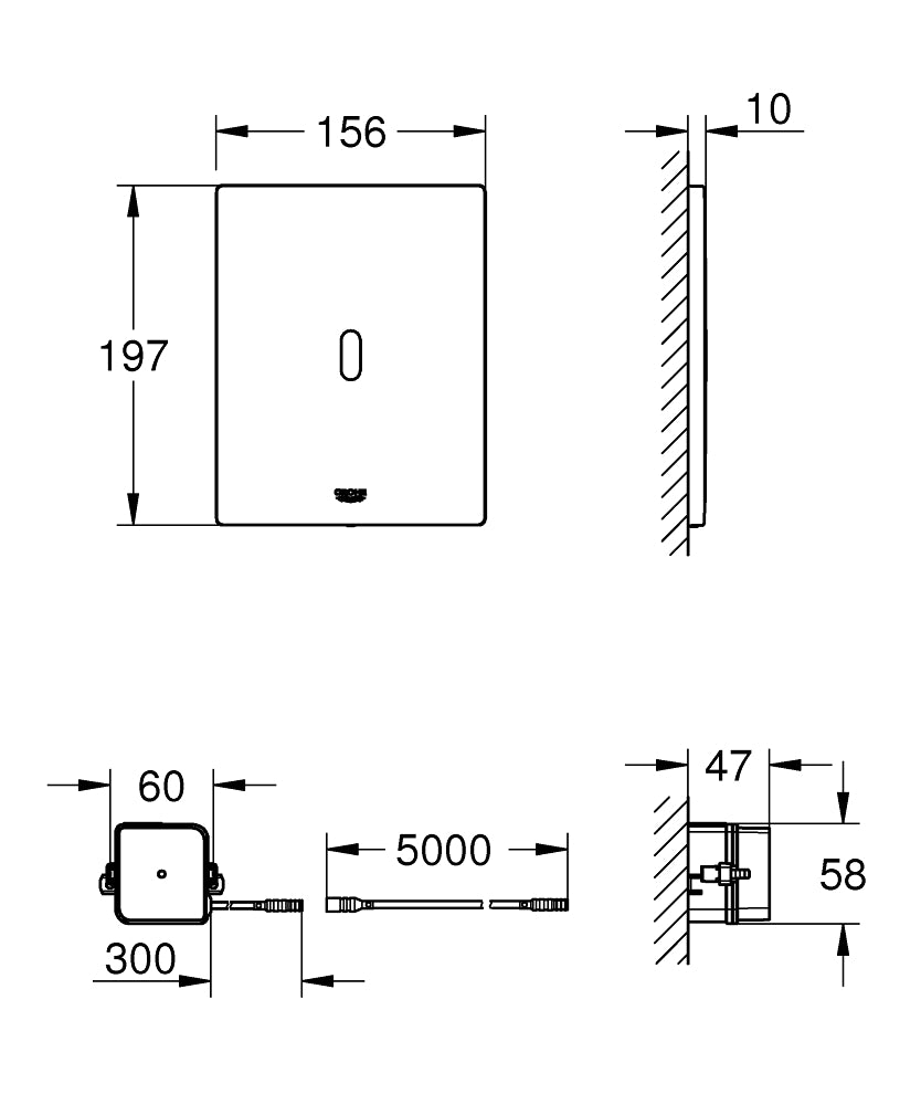 Инфрачервен бутон за WC, 156 x 197 мм, захранване 220V - Tectron Bau E - чертеж с размери