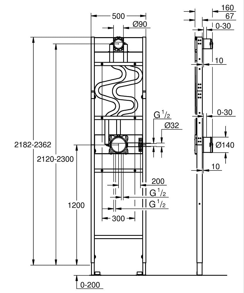 Структура за вграждане Rapido Shower Frame Duo — чертеж с размери