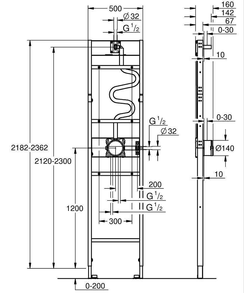Структура за вграждане Rapido Shower Frame Mono — чертеж с размери