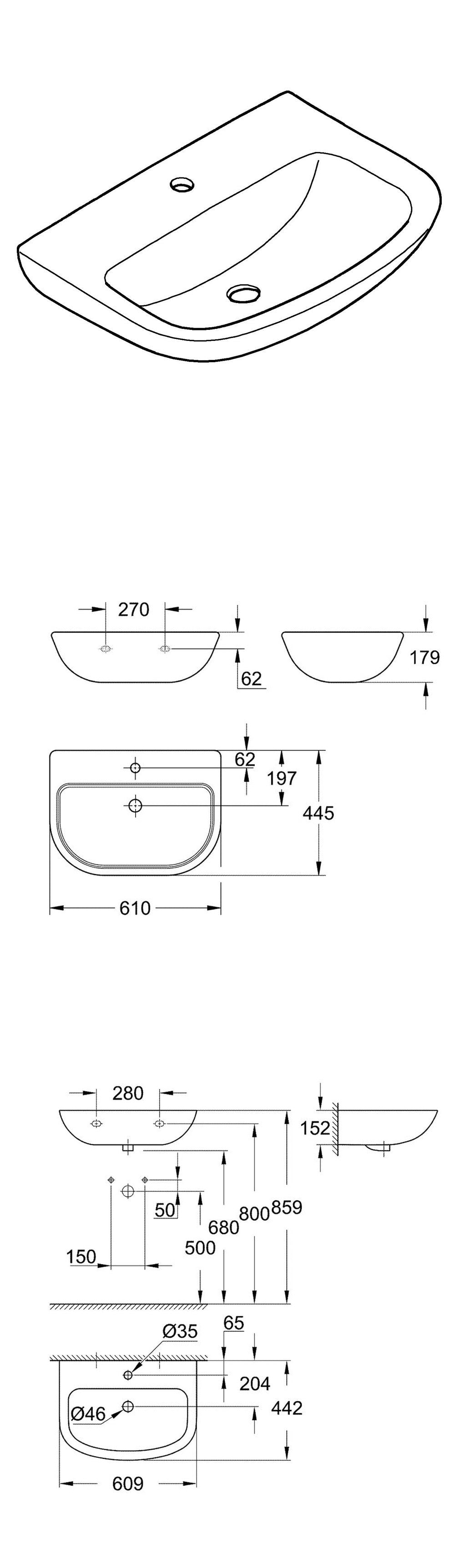 Мивка 60 Bau Ceramic 39421000, Бял - GROHE - чертеж с размери