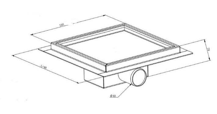 Точков подов сифон 150x150 мм, черен, Ø40/50 мм - Cascada - чертеж с размери