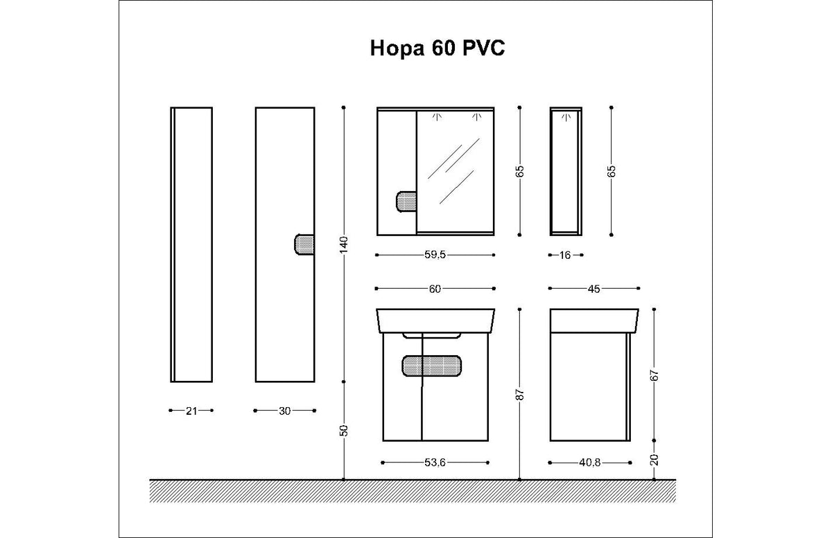 Комплект мебели за баня НОРА 60 PVC, бял гланц - Visota - чертеж с размери