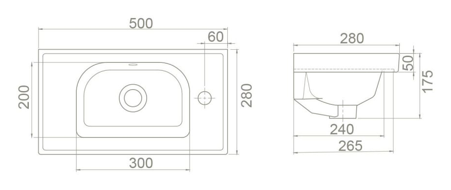 Стенен умивалник 50 cm, десен отвор - Frame - чертеж с размери