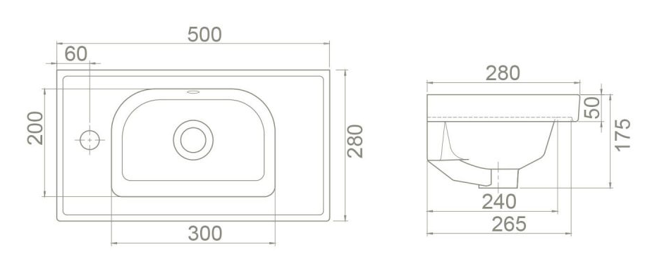Стенен умивалник 50 cm, ляв отвор - Frame - чертеж с размери