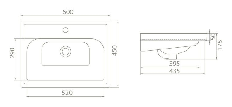 Стенен умивалник 60 cm - Frame - чертеж с размери