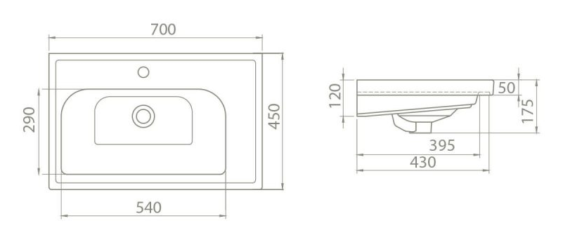 Стенен умивалник 70 cm - Frame - чертеж с размери