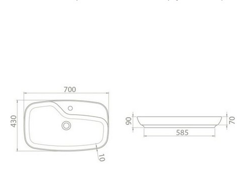Умивалник за монтаж върху плот 70 cm - Nova - чертеж с размери