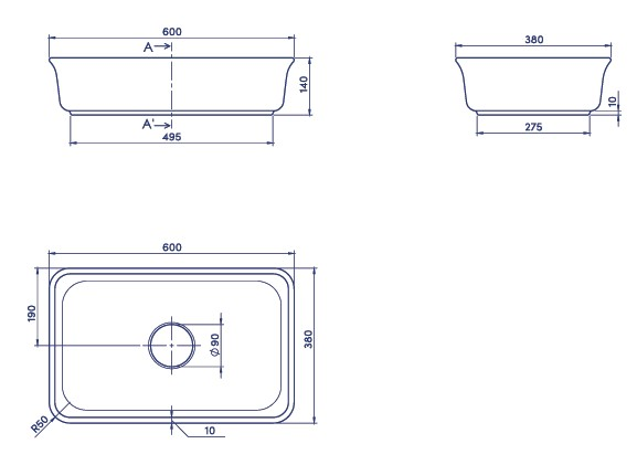 Умивалник за монтаж върху плот 60x38 cm - One Plus - чертеж с размери