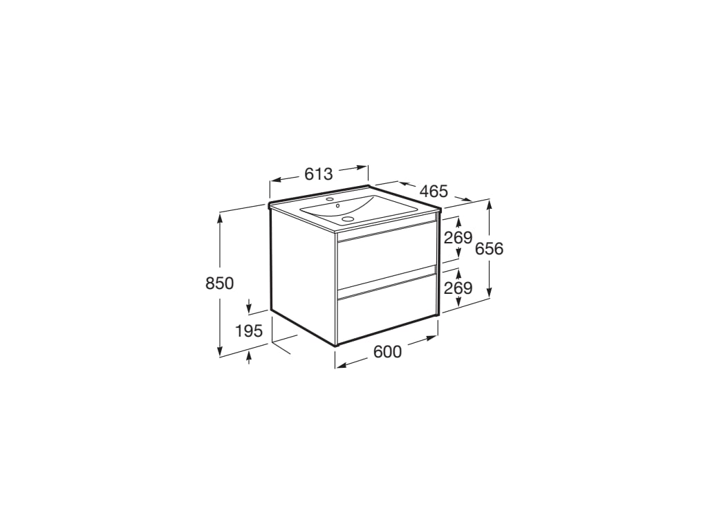 Мебел Unik (базов модул с две чекмеджета и умивалник) 61x47 cm - Claudia - чертеж с размери