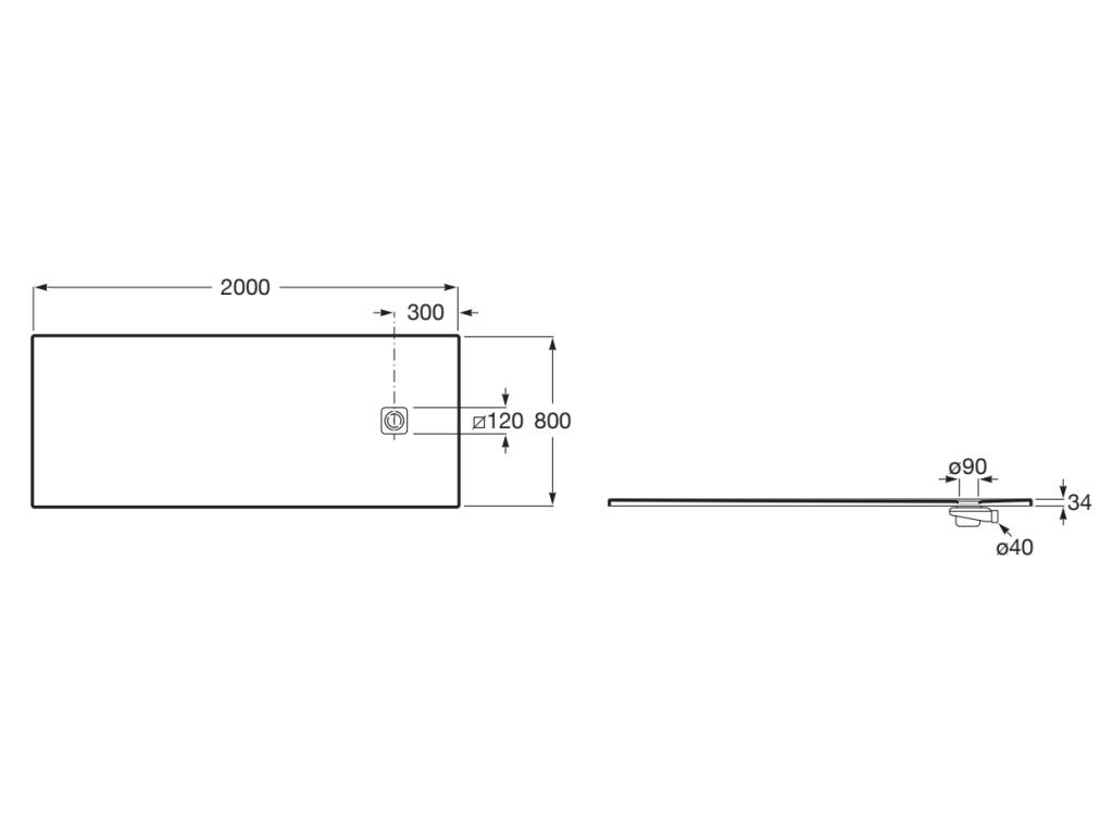 Свръхплоско душ корито от STONEX® 200x80 cm, за ниша - Terran-N - чертеж с размери