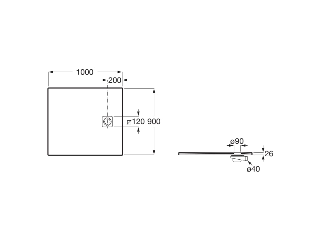 Свръхплоско душ корито от STONEX® 100x90 cm - Terran-N - чертеж с размери