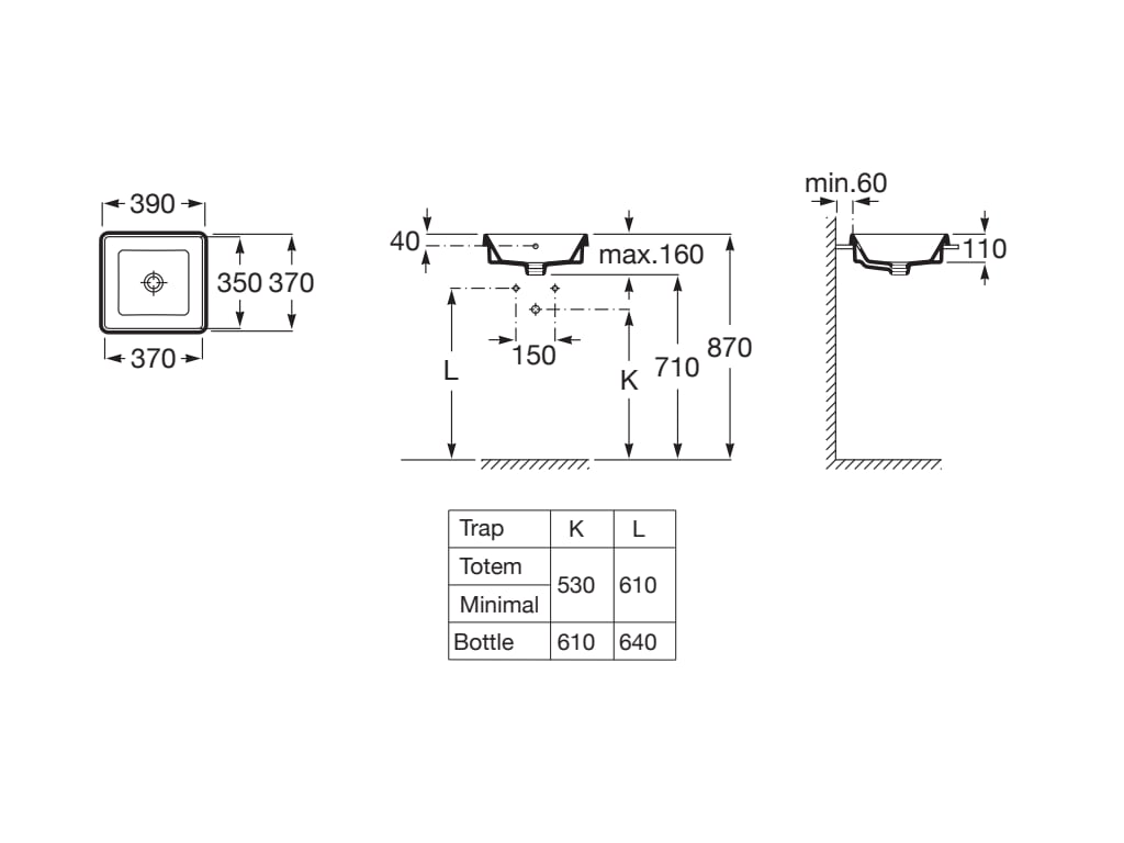 Умивалник за вграждане в плот 39x37 cm - The Gap - чертеж с размери