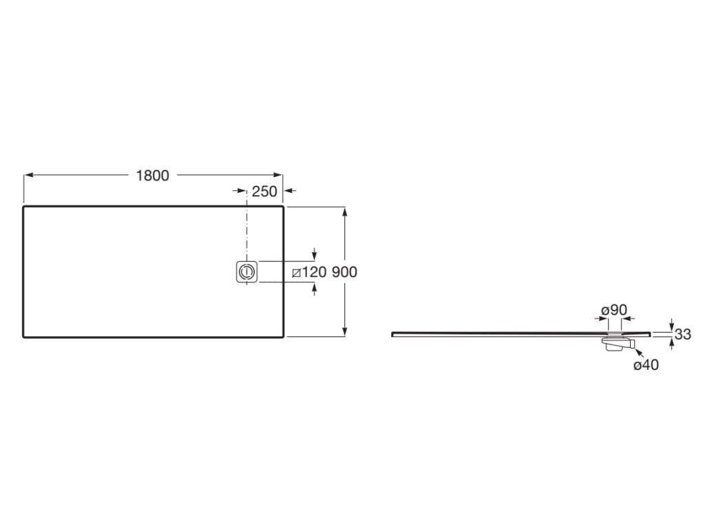Свръхплоско душ корито от STONEX® 180x90 cm - Terran-N - чертеж с размери