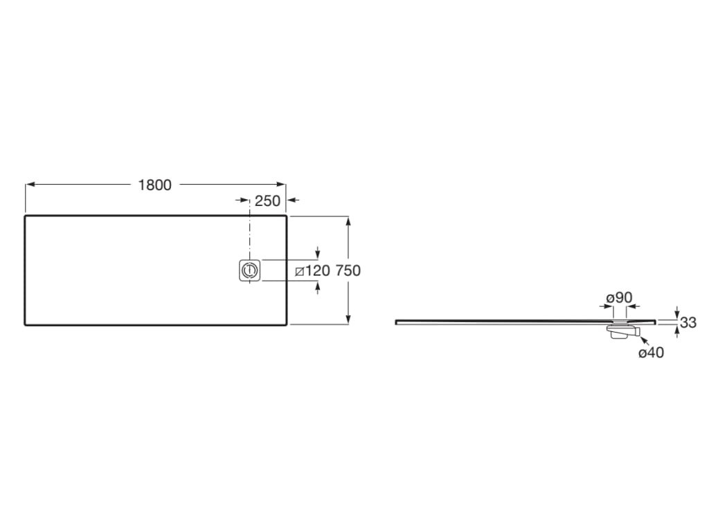 Свръхплоско душ корито от STONEX® 180x75 cm - Terran-N - чертеж с размери