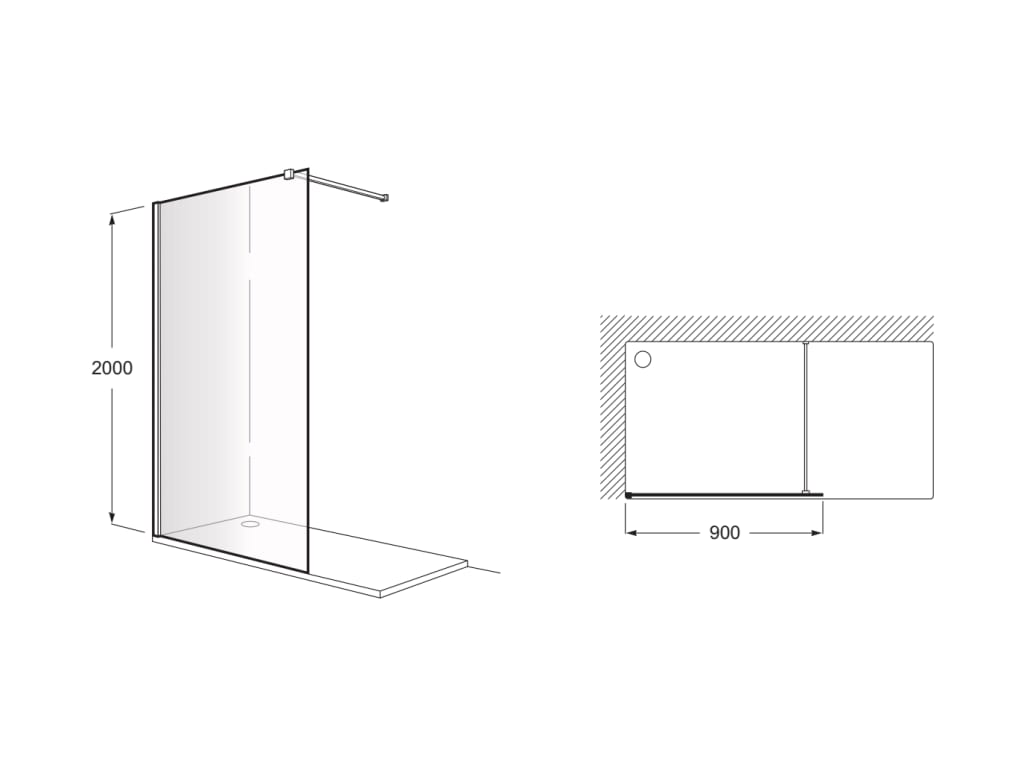 DF - Фиксиран панел за душ 8 мм 90x200 cm - District - чертеж с размери