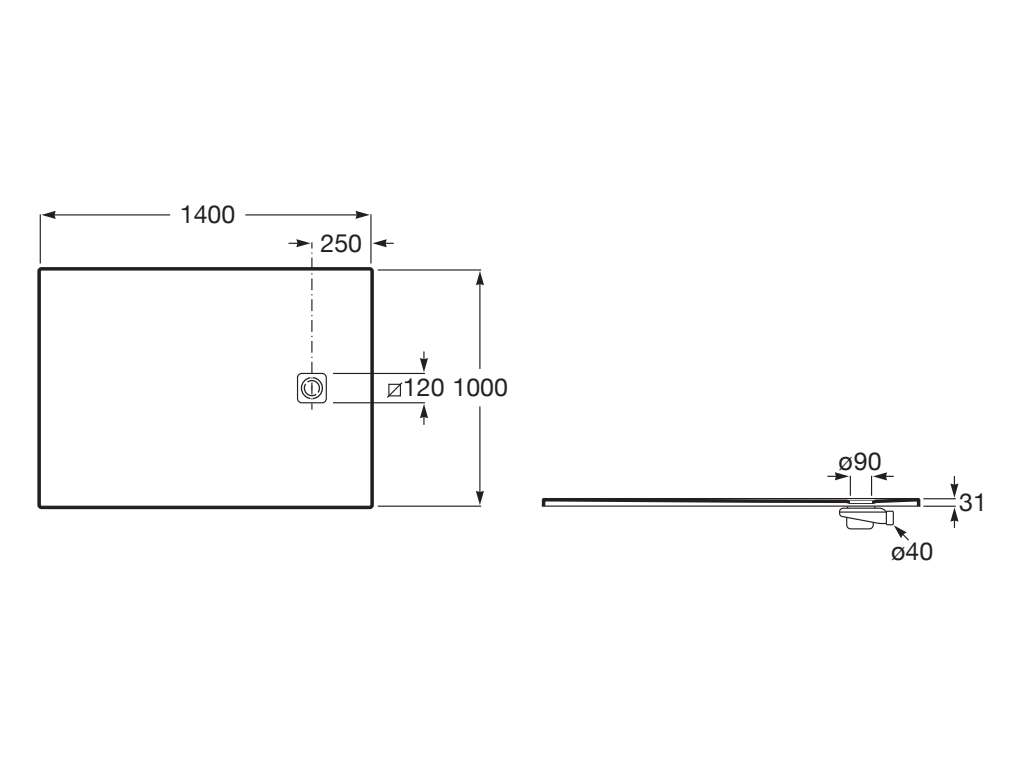 Свръхплоско душ корито от STONEX® 140x100 cm, за ниша - Terran-N - чертеж с размери