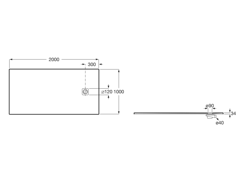 Свръхплоско душ корито от STONEX® 200x100 cm - Terran-N - чертеж с размери