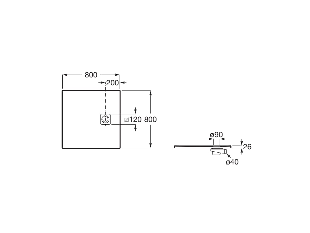 Свръхплоско душ корито от STONEX® 80x80 cm - Terran-N - чертеж с размери