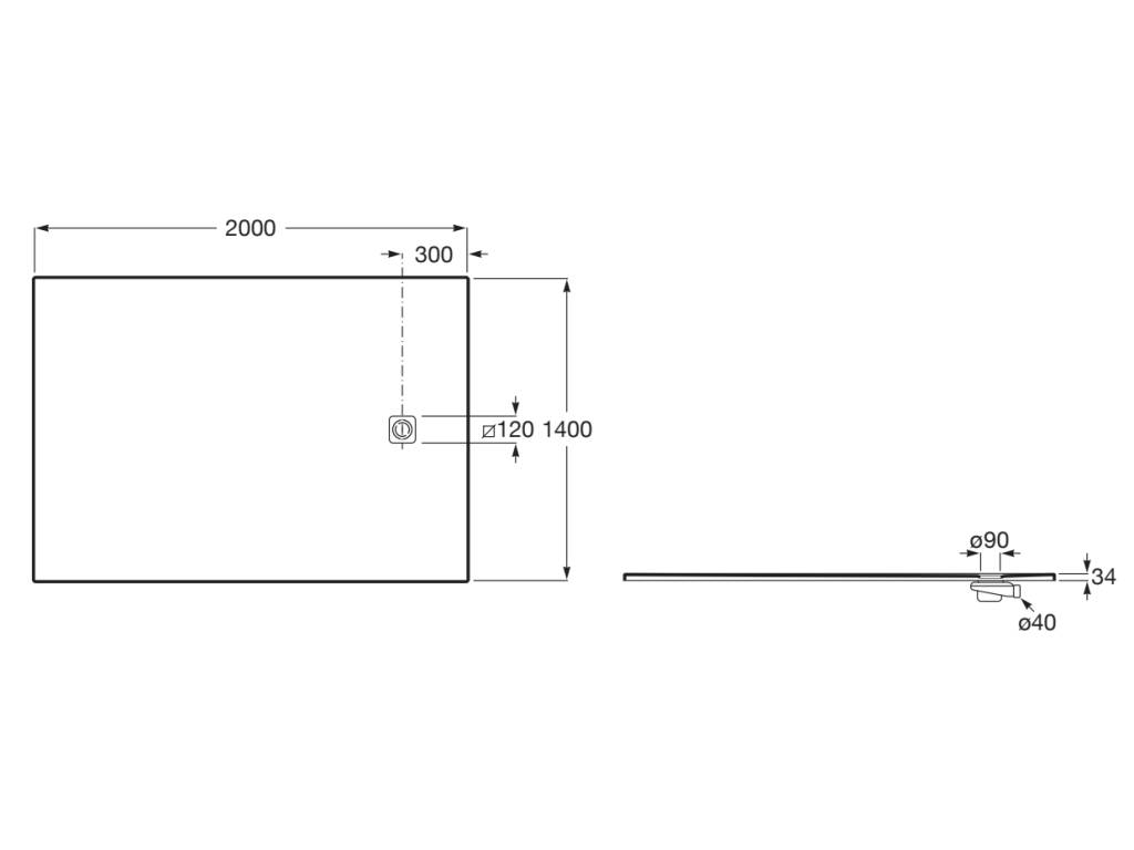 Свръхплоско душ корито от STONEX® 200x140 cm, за ниша - Terran-N - чертеж с размери