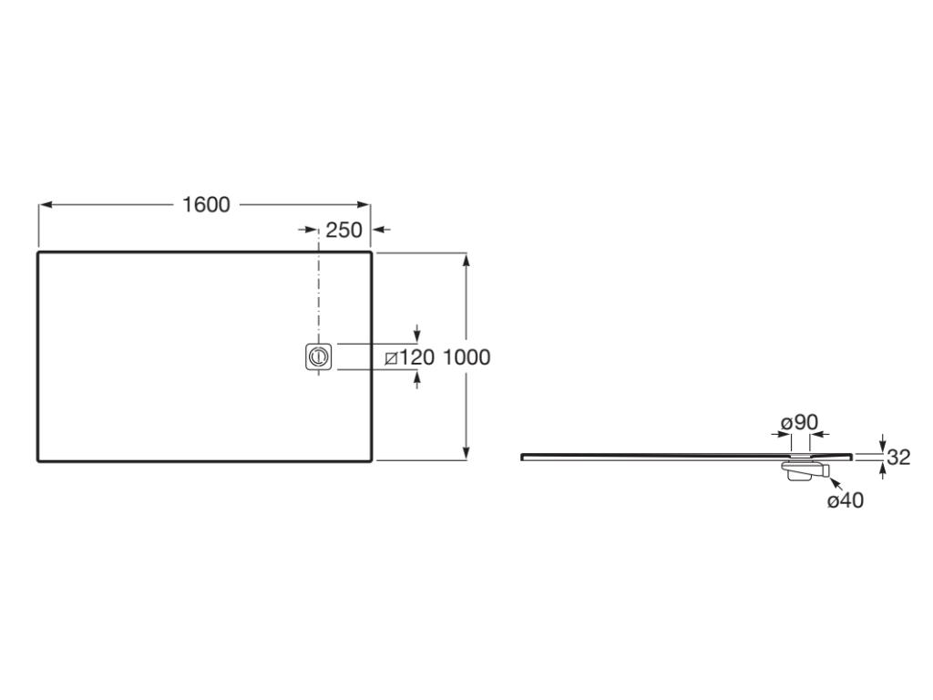 Свръхплоско душ корито от STONEX® 160x100 cm, за ниша - Terran-N - чертеж с размери