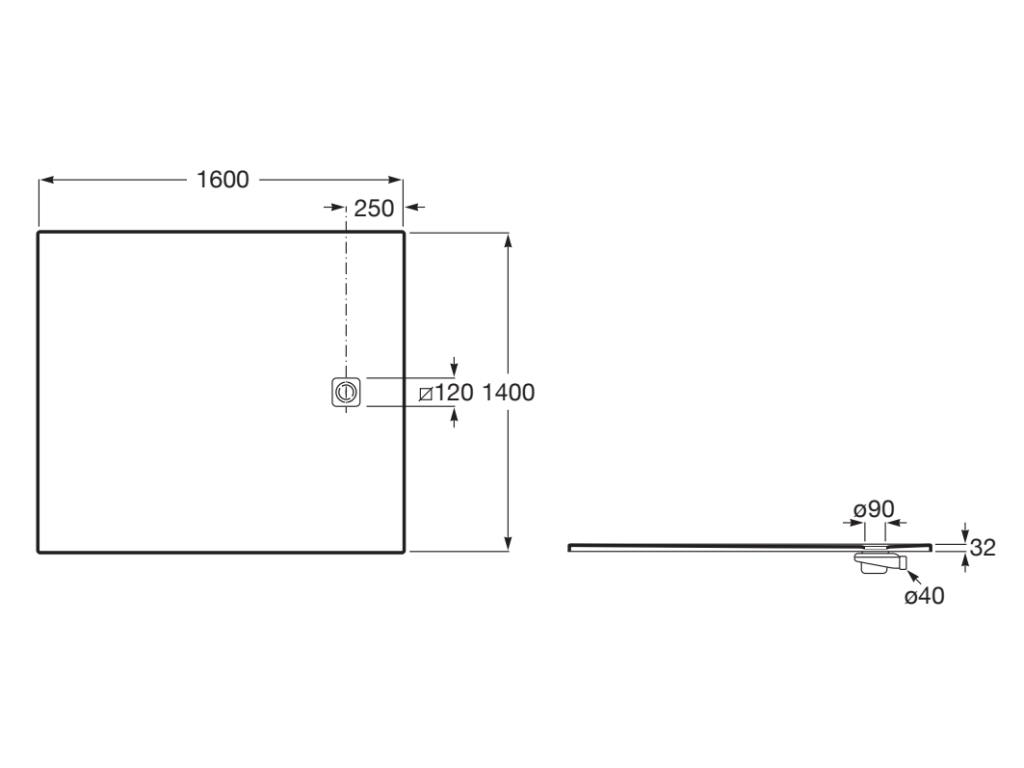 Свръхплоско душ корито от STONEX® 160x140 cm, за ниша - Terran-N - чертеж с размери
