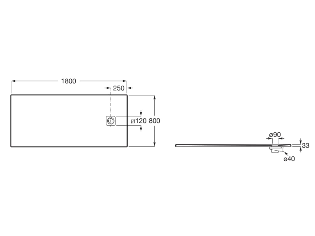 Свръхплоско душ корито от STONEX® 180x80 cm - Terran-N - чертеж с размери