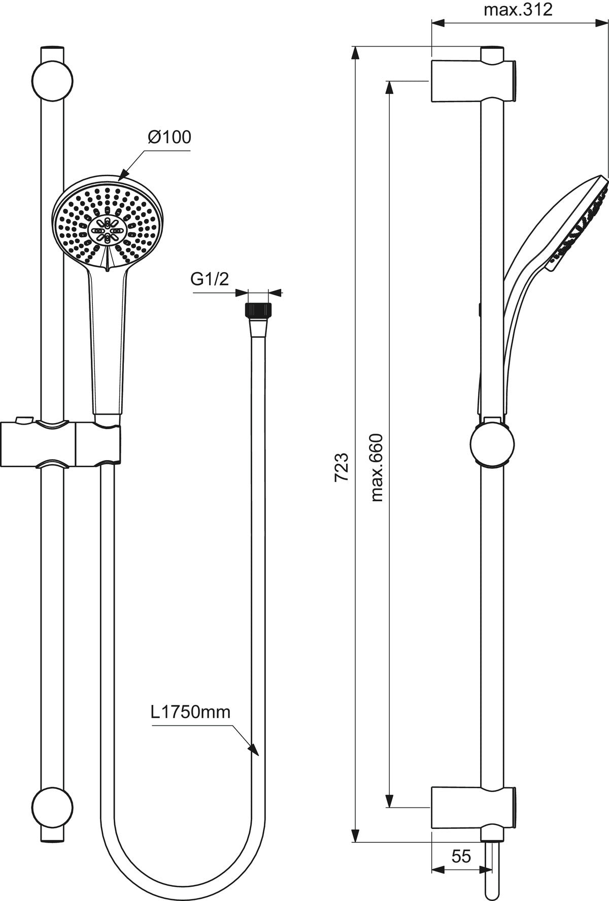 Душ комплект с ръчен душ Ø100 mm - Idealrain B9508 - чертеж с размери