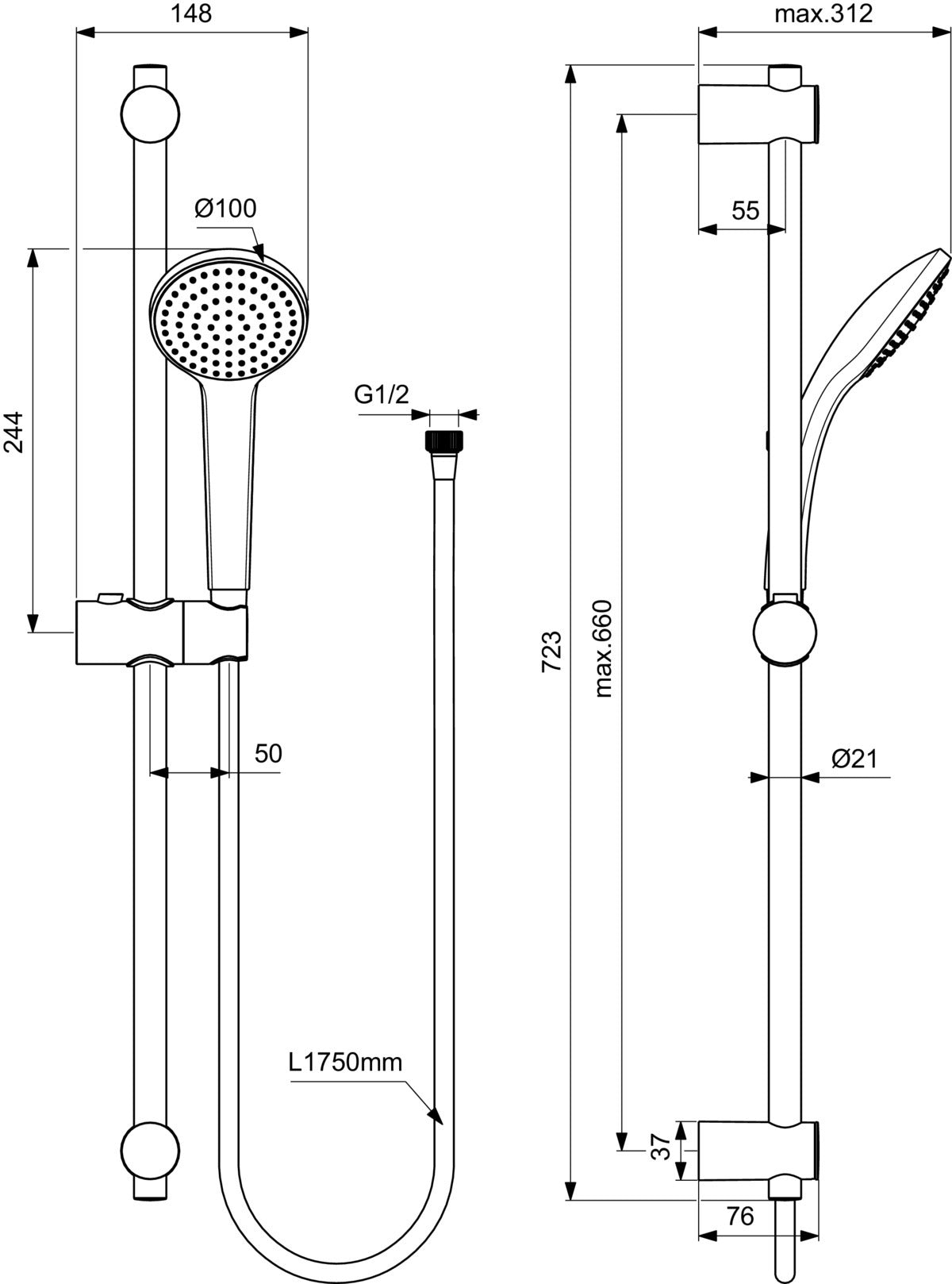 Душ комплект с ръчен душ Ø100 mm - Idealrain BD496 - чертеж с размери