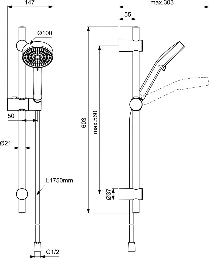 Душ комплект с ръчен душ Ø100 mm - Idearain BD991 - чертеж с размери