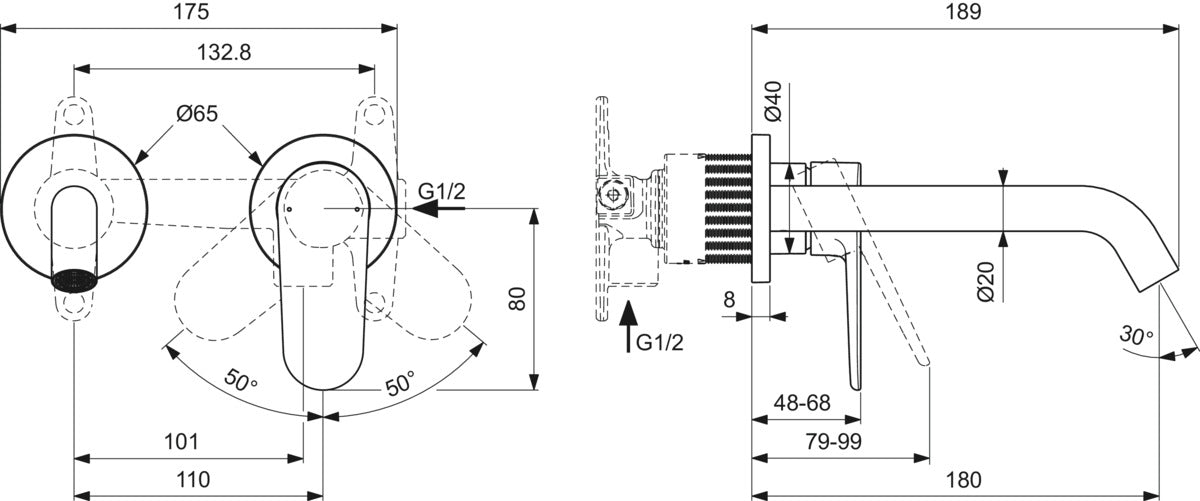 Смесител вграден за умивалник 180 mm - Cerafine Nuovo - чертеж с размери