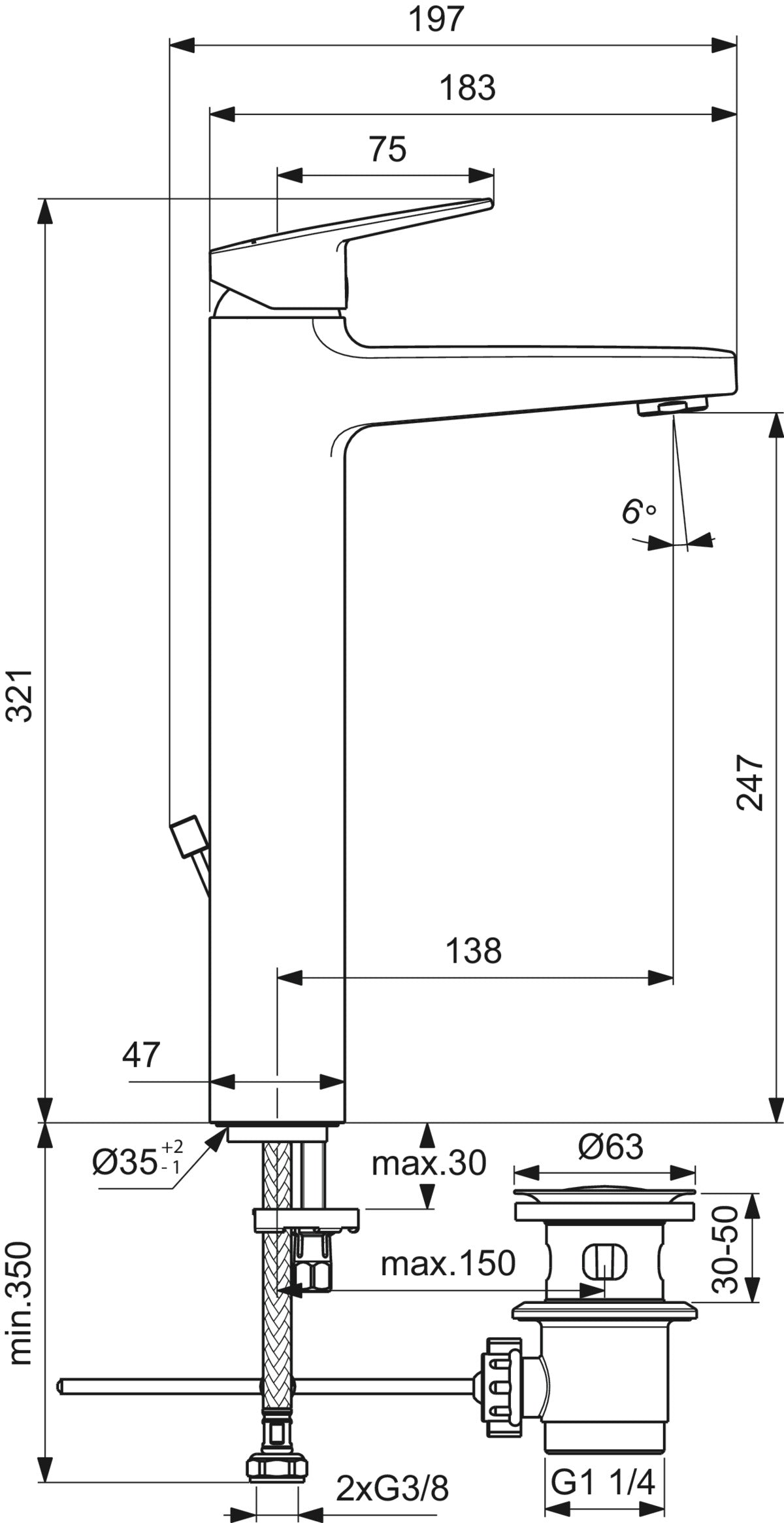 Смесител стоящ за умивалник H250 с Easyfix+ присъединяване - Ceraplan - чертеж с размери