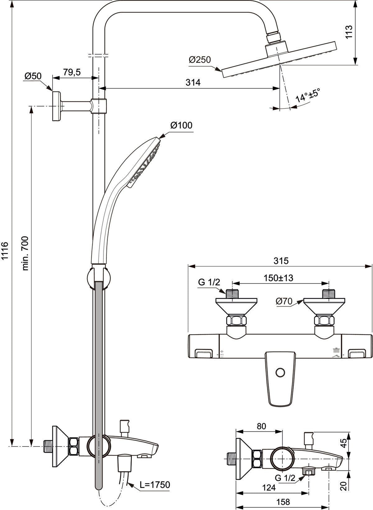 Душ система с термостатен стенен смесител за вана/душ, душ глава Ø250 - Ceratherm T25 A7629 - чертеж с размери