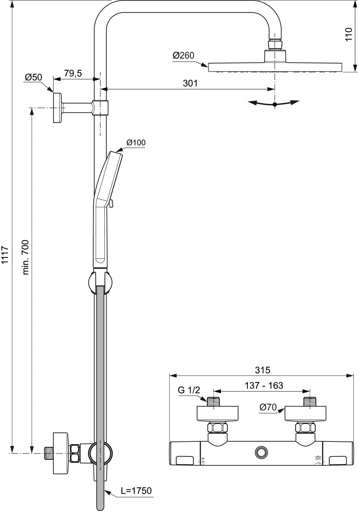 Душ система с термостатен стенен смесител за душ, душ глава Ø260 mm - Ceratherm T25N A8520 - чертеж с размери