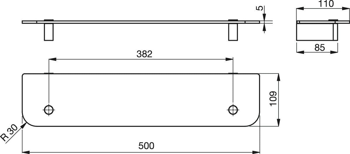 Стъклена полица 50 cm - Connect - чертеж с размери