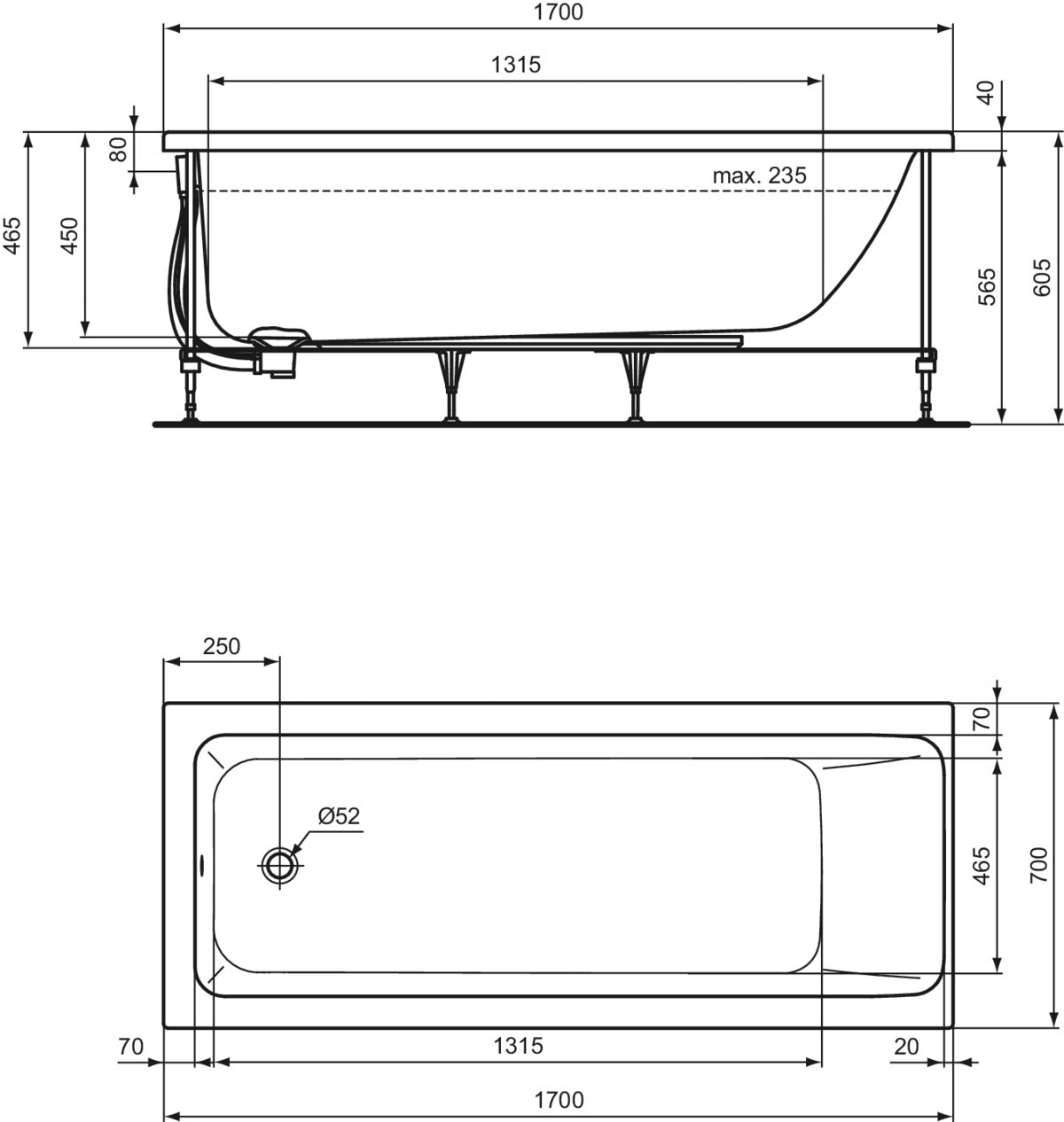 Правоъгълна вана 170x70 cm, пълен комплект - Connect Air - чертеж с размери