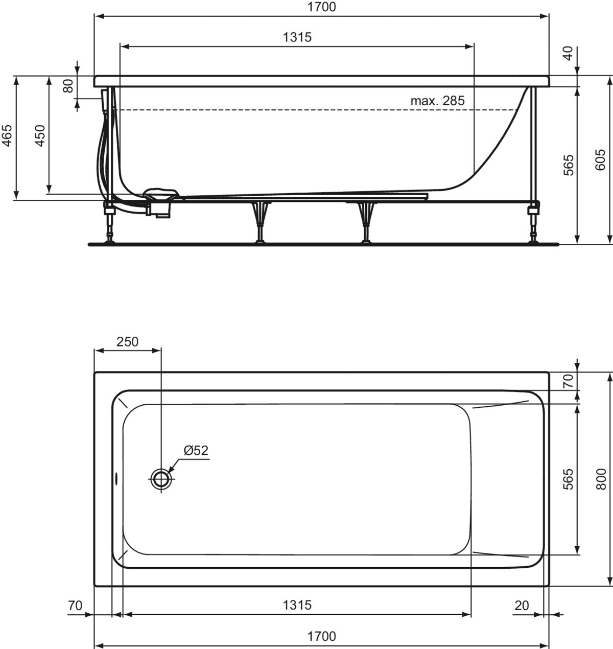 Правоъгълна вана 170x80 cm, пълен комплект - Connect Air - чертеж с размери