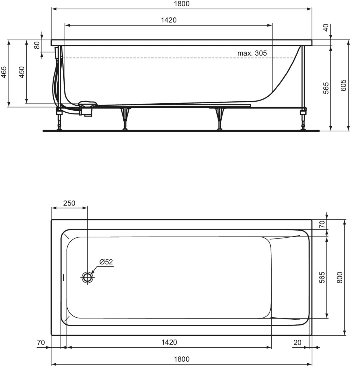 Правоъгълна вана 180x80 cm, пълен комплект - Connect Air - чертеж с размери