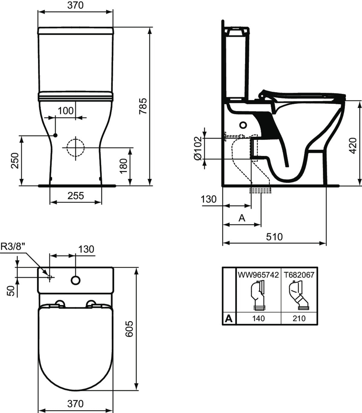 WC комплект - Tirso - чертеж с размери