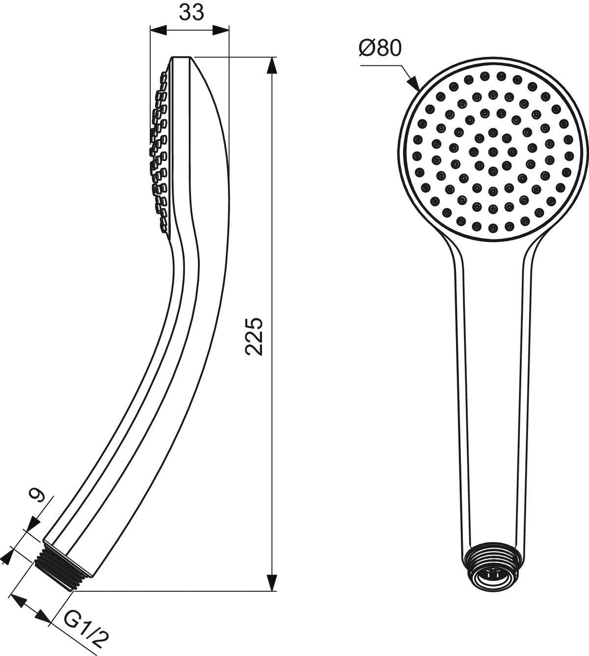 Ръчен душ Ø80 mm - Idealrain Soft B9400 - чертеж с размери